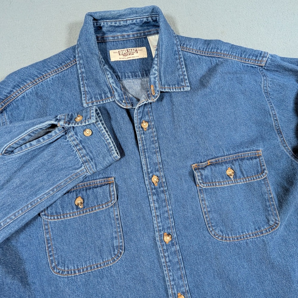 Big Mac Workwear Denim Shirt Mens XL Tall Long Sleeve Button‎ Up
